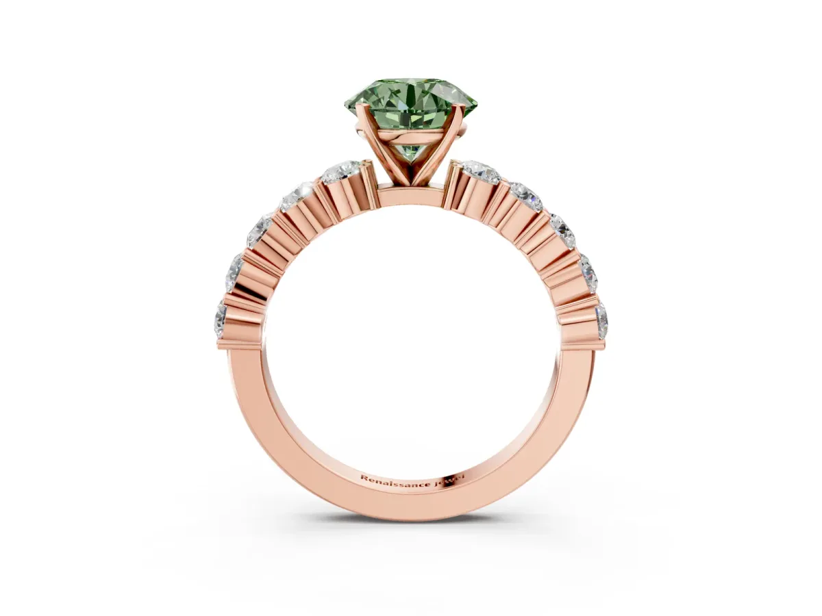 Fancy Green Round Cut Diamond Solitaire Ring with Shared Prong Round Side Stones Rose gold