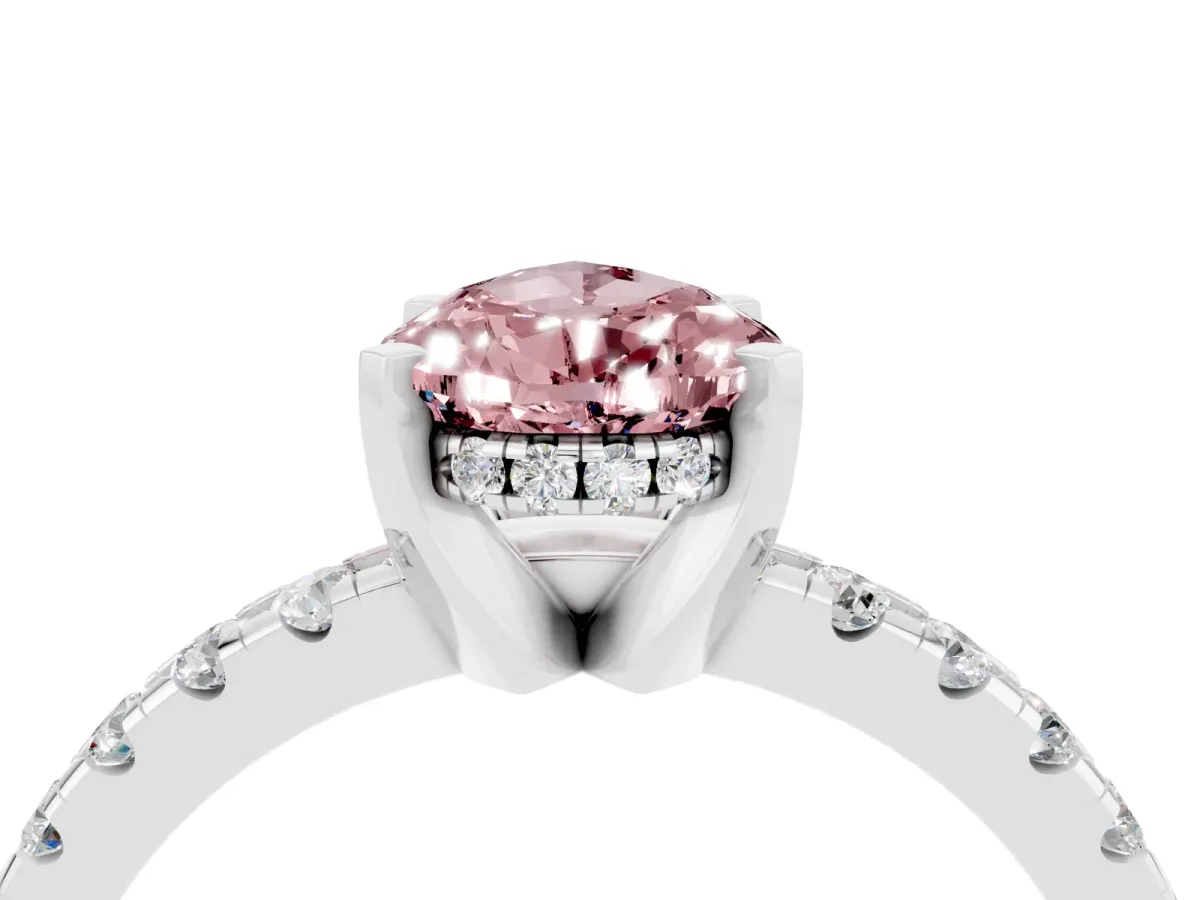 Pear Cut Morganite Solitaire Ring with Round Pavé Band and Four-Prong Setting Silver