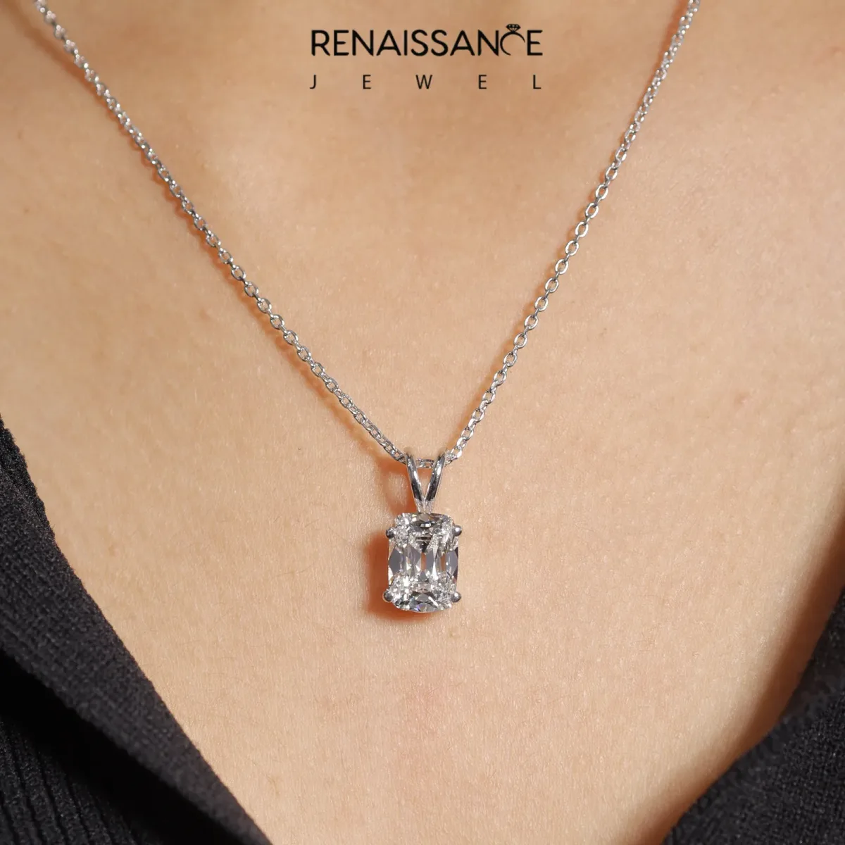 Old Mine Cushion Diamond Solitaire Pendant with Four Prong Setting White gold