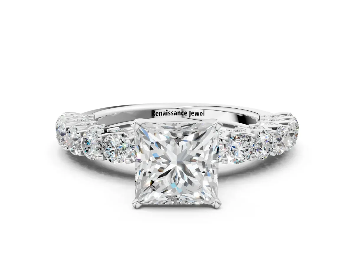 Princess Cut Diamond Solitaire Ring with Shared Prong Pavé Band and Four-Prong Setting White gold