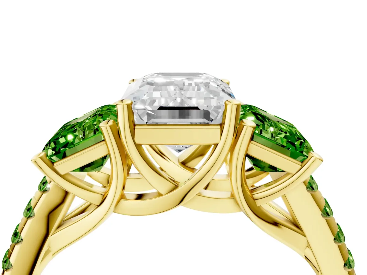 Three-Stone Emerald Cut Diamond Ring with Round Peridot Pavé Band and Prong Setting Yellow gold