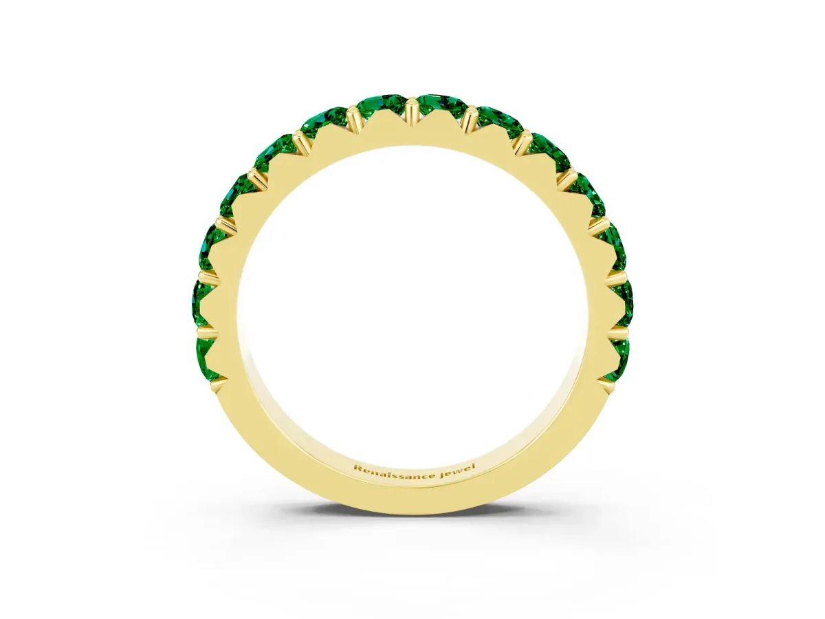 Round Emerald Half Eternity Band with Classic Prong Setting Yellow gold