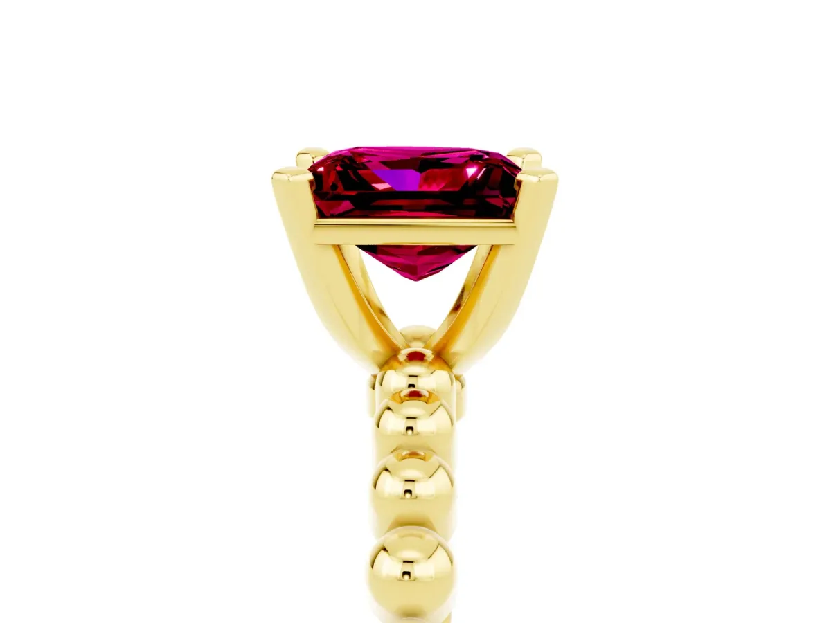 Princess Cut Garnet Solitaire Ring with Beaded Band and Prong Setting Yellow gold