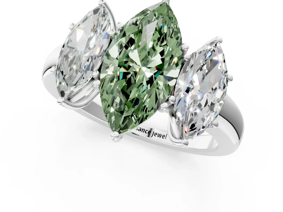 Fancy Green Marquise Cut Diamond Three-Stone Ring with Four-Prong Setting and Classic Band Platinum