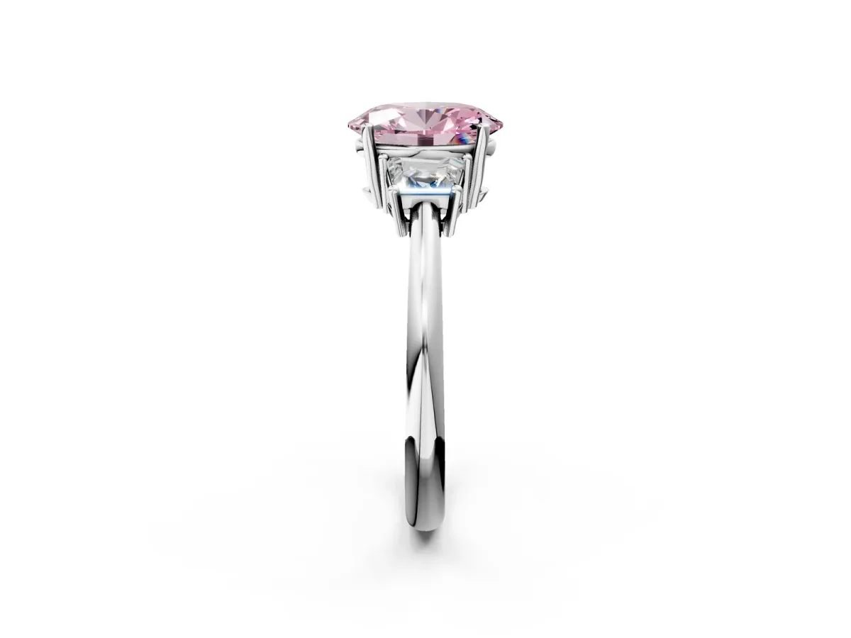 Fancy Pink Oval Cut Diamond Three-Stone Ring with Trapezoid Side Stones and Prong Setting Silver
