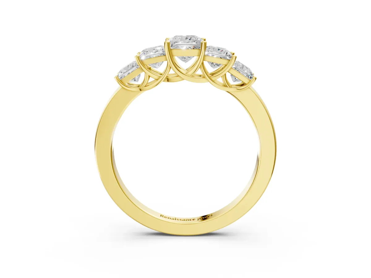 Princess Cut Five-Stone Diamond Ring with Classic Prong Setting Yellow gold