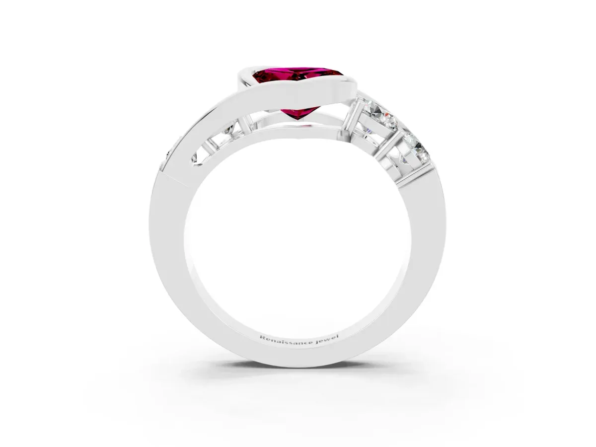 Bezel Set Heart Cut Garnet Bypass Ring with Round Accents Platinum