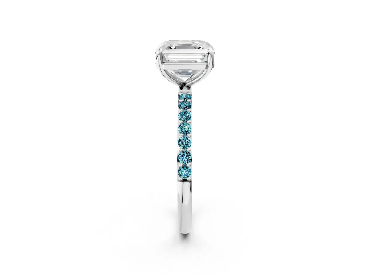 Asscher Cut Diamond Solitaire Ring with Round Blue Topaz Pavé Band and Prong Setting Silver