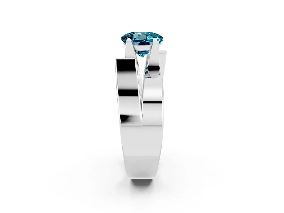 Modern Tension Set Round Cut Blue Topaz Solitaire Wide Band Ring Silver