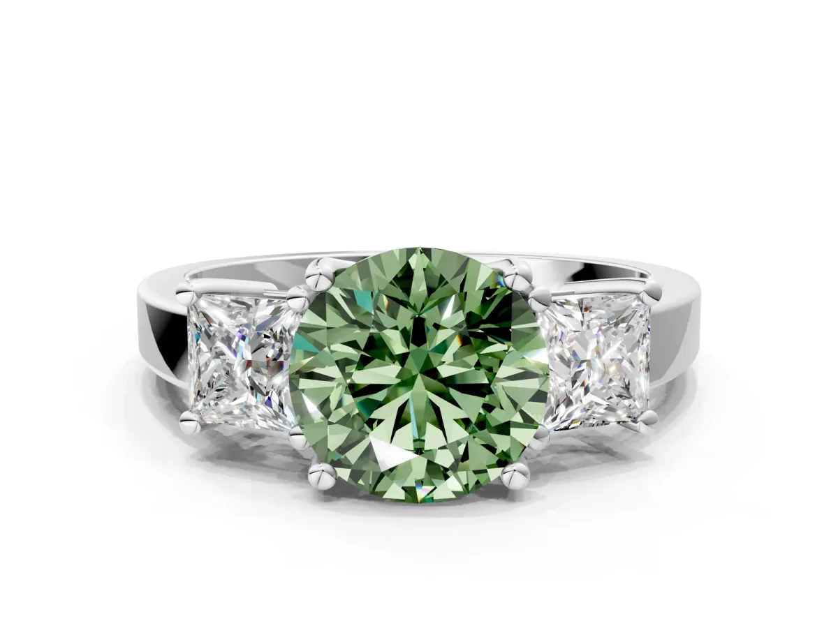 Fancy Green Three-Stone Round Cut Cut Solitaire Ring with Prong Setting White gold