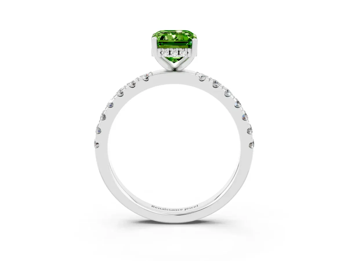 Emerald Cut Peridot Pave Band Solitaire Ring with Round and Prong Setting Platinum