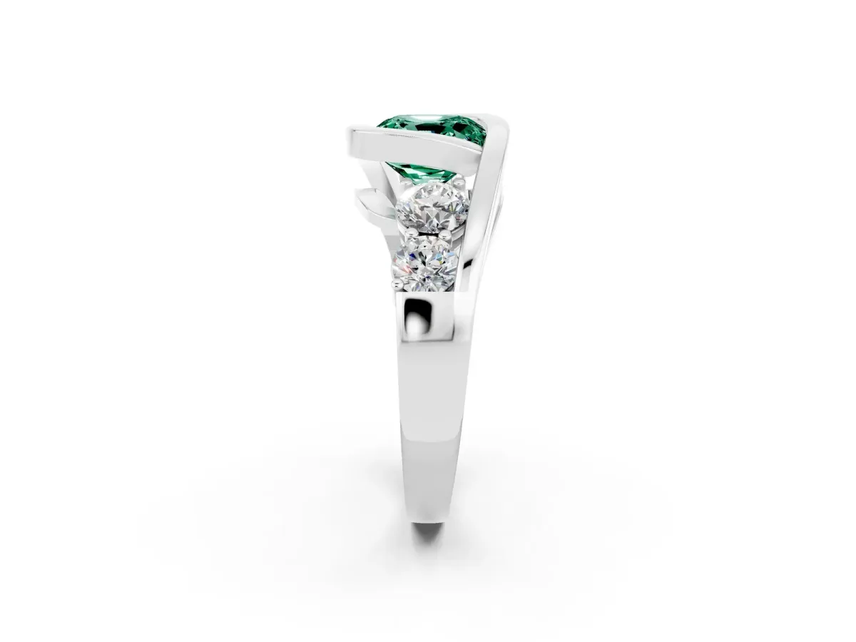 Bezel Set Cushion Cut Green Sapphire Bypass Ring with Round Accents Silver