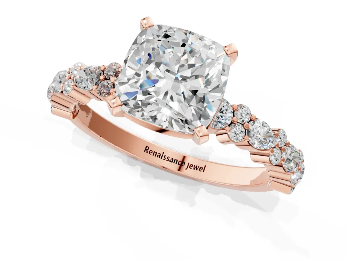 Cushion Cut Diamond Side Stone Solitaire Ring with Round and Four-Prong Setting Rose gold