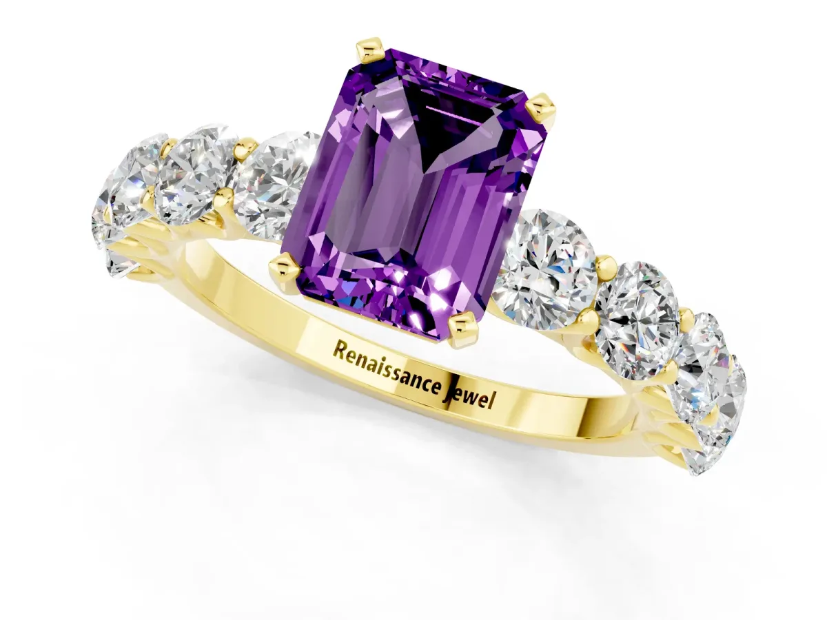 Emerald Cut Amethyst Prong Setting with Side Stones on a Pave Band Yellow gold