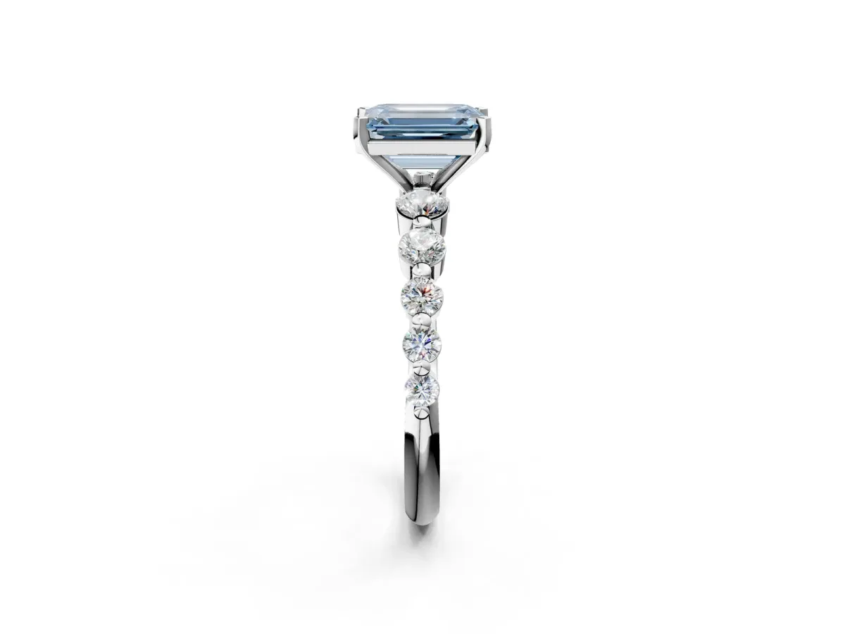 Fancy Blue Emerald Cut Solitaire Diamond Ring with Pave Band and Four-Prong Setting Platinum