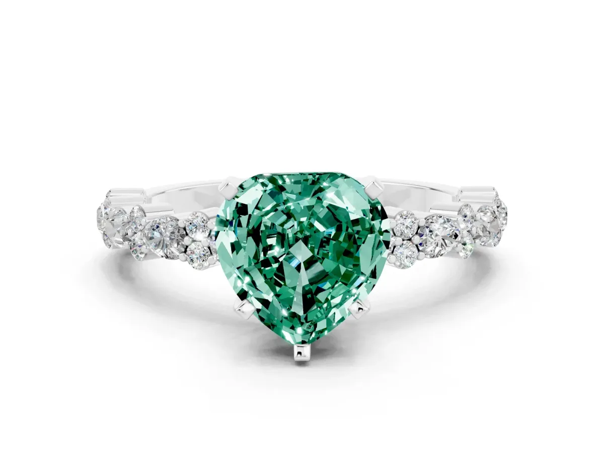 Heart Cut Green Sapphire Side Stone Solitaire Ring with Round and Four-Prong Setting Silver
