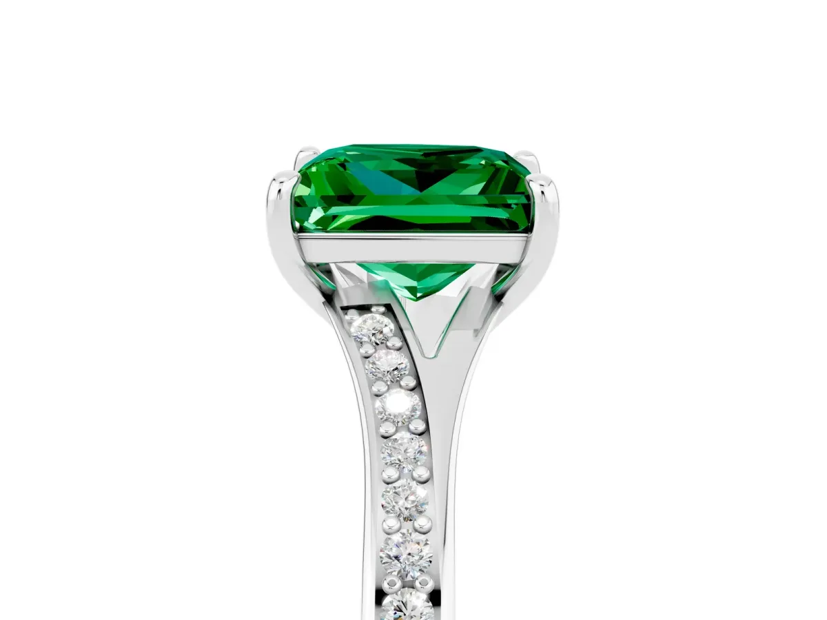 Princess Cut Emerald Solitaire Ring with Pavé Band and Prong Setting Silver