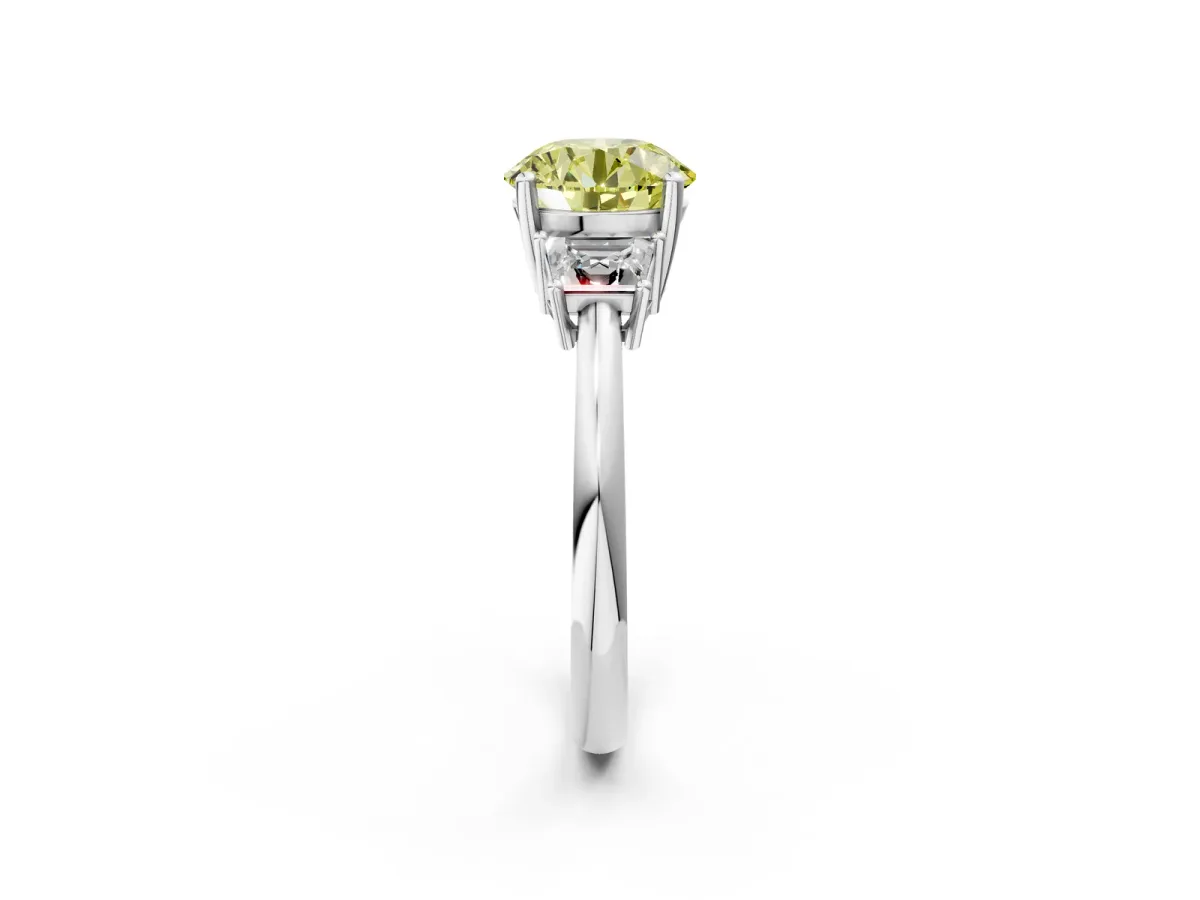 Fancy Yellow Round Cut Diamond Three-Stone Ring with Trapezoid Side Stones and Prong Setting Silver