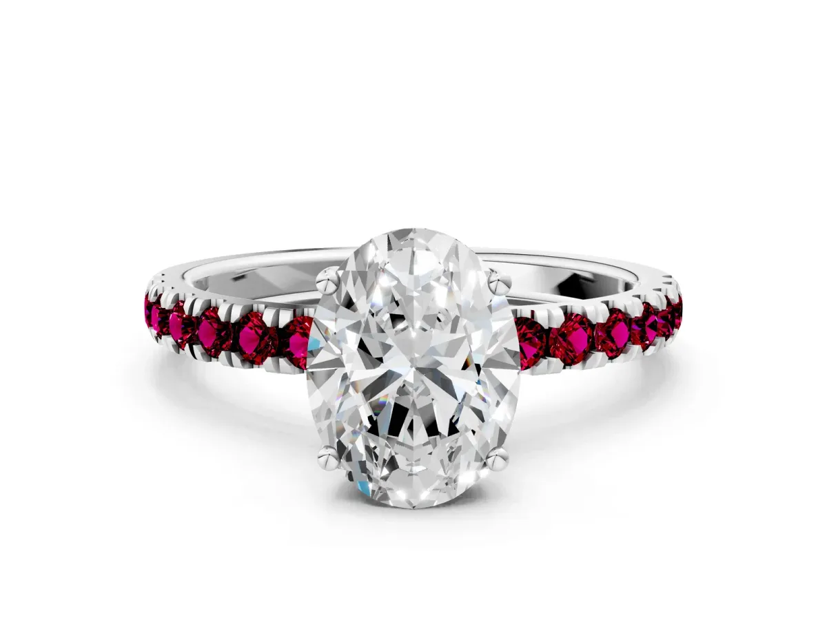 Oval Cut Diamond Pave Band Solitaire Ring with Round Garnet and Prong Setting Platinum