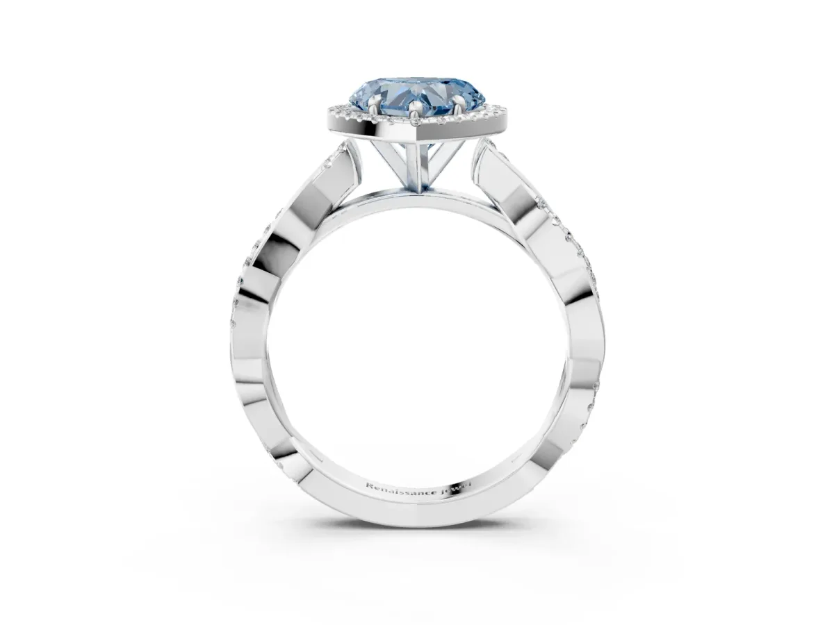 Fancy Blue Heart Cut Cut Halo Twisted Band Four-Prong Ring Platinum