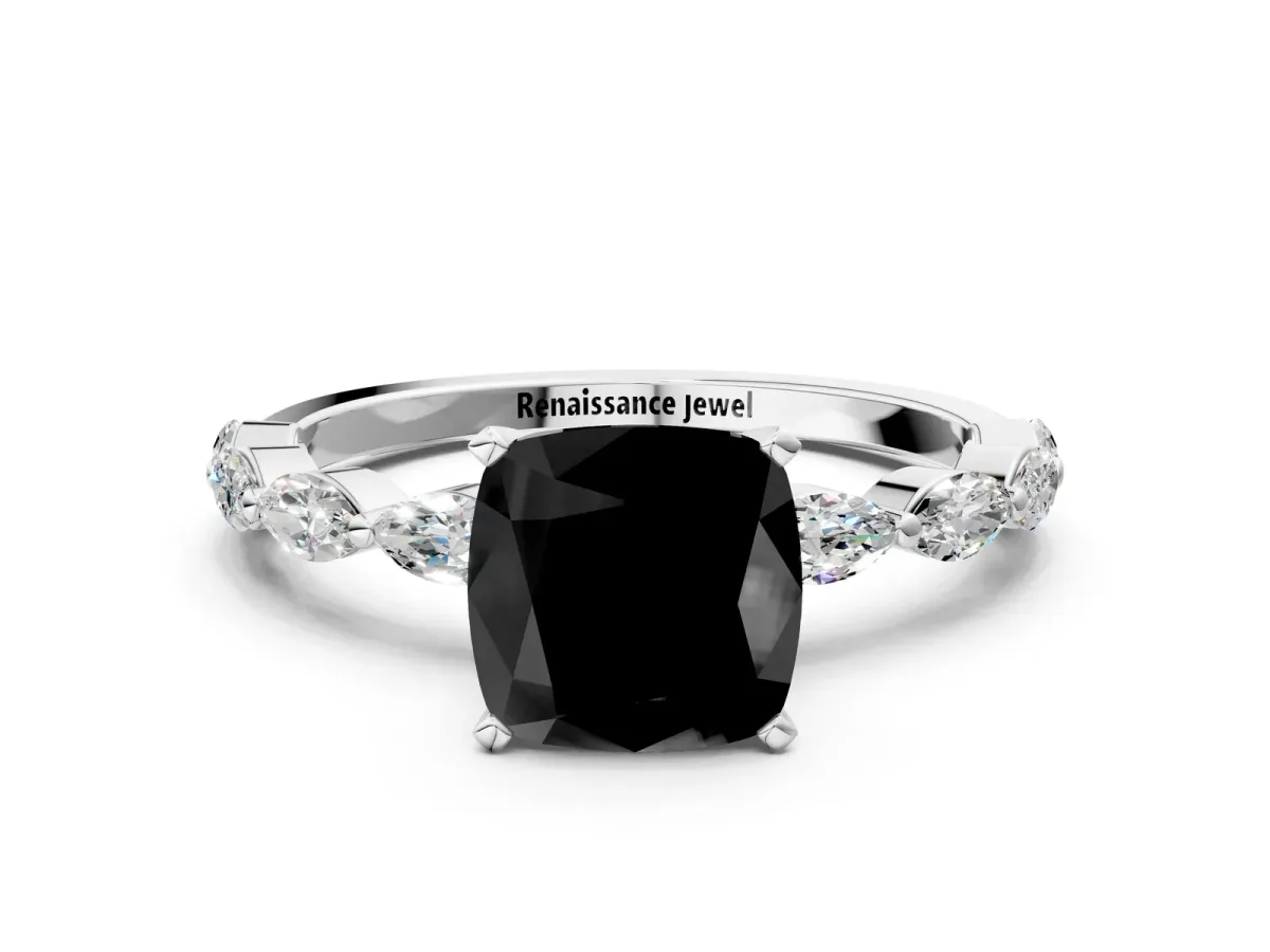 Fancy Black Cushion Cut Diamond Ring with Marquise Side Stones and Prong Setting Platinum