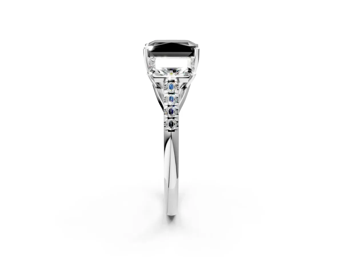 Fancy Black Three-Stone Radiant Cut Diamond Ring with Round Pavé Band and Prong Setting Silver