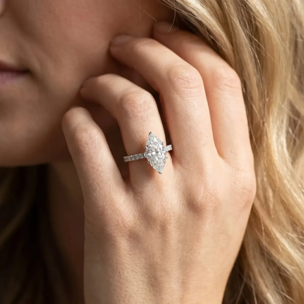 Marquise Cut Cut Solitaire Diamond Engagement Ring with Pave Band and Four-Prong Setting Silver