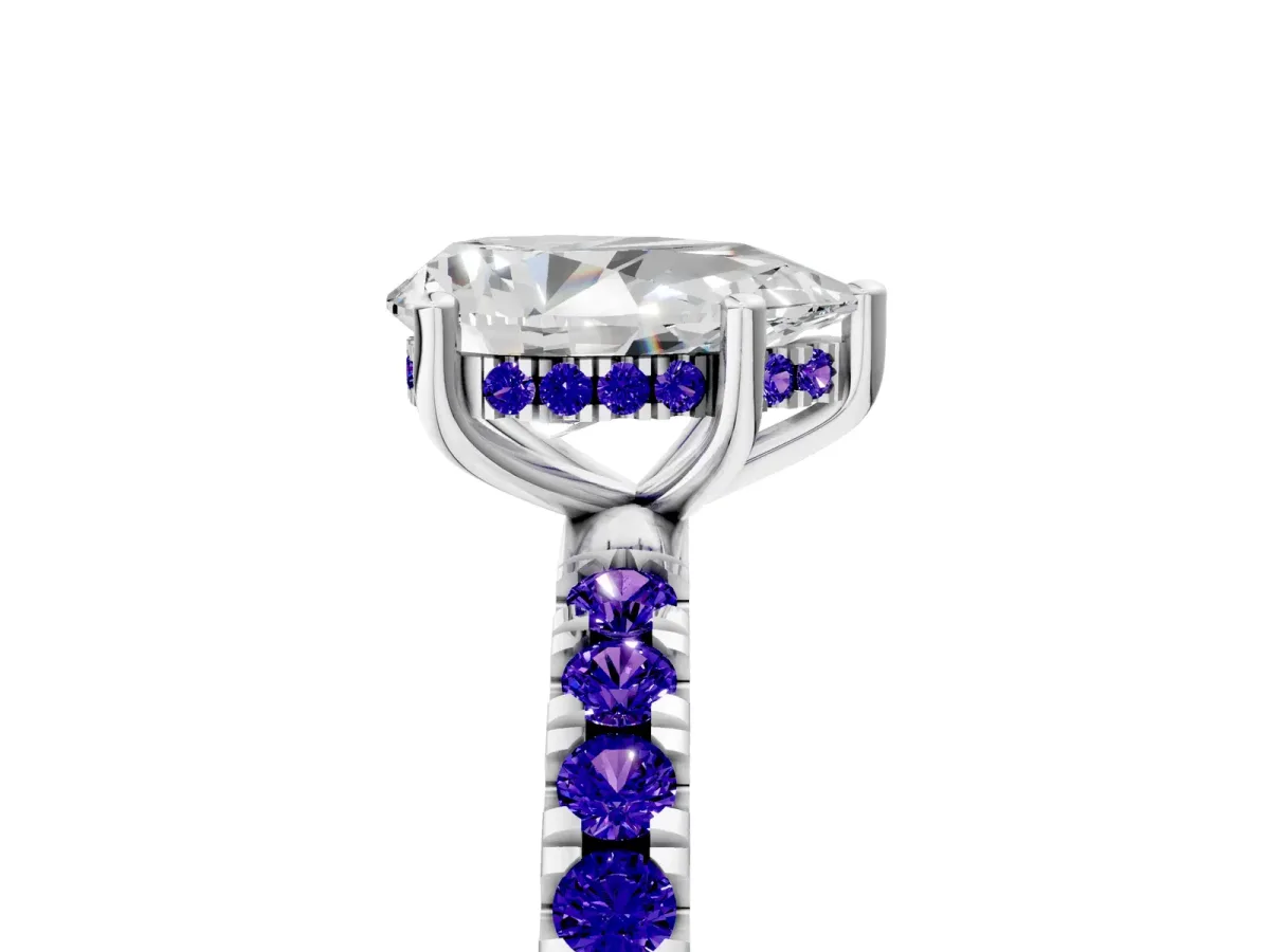 Pear Cut Diamond Pave Band Solitaire Ring with Round Tanzanite and Prong Setting Platinum