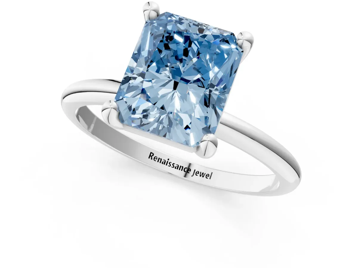 Fancy Blue Radiant Cut Solitaire Diamond Ring with 4-Prong Setting on a Classic Band White gold