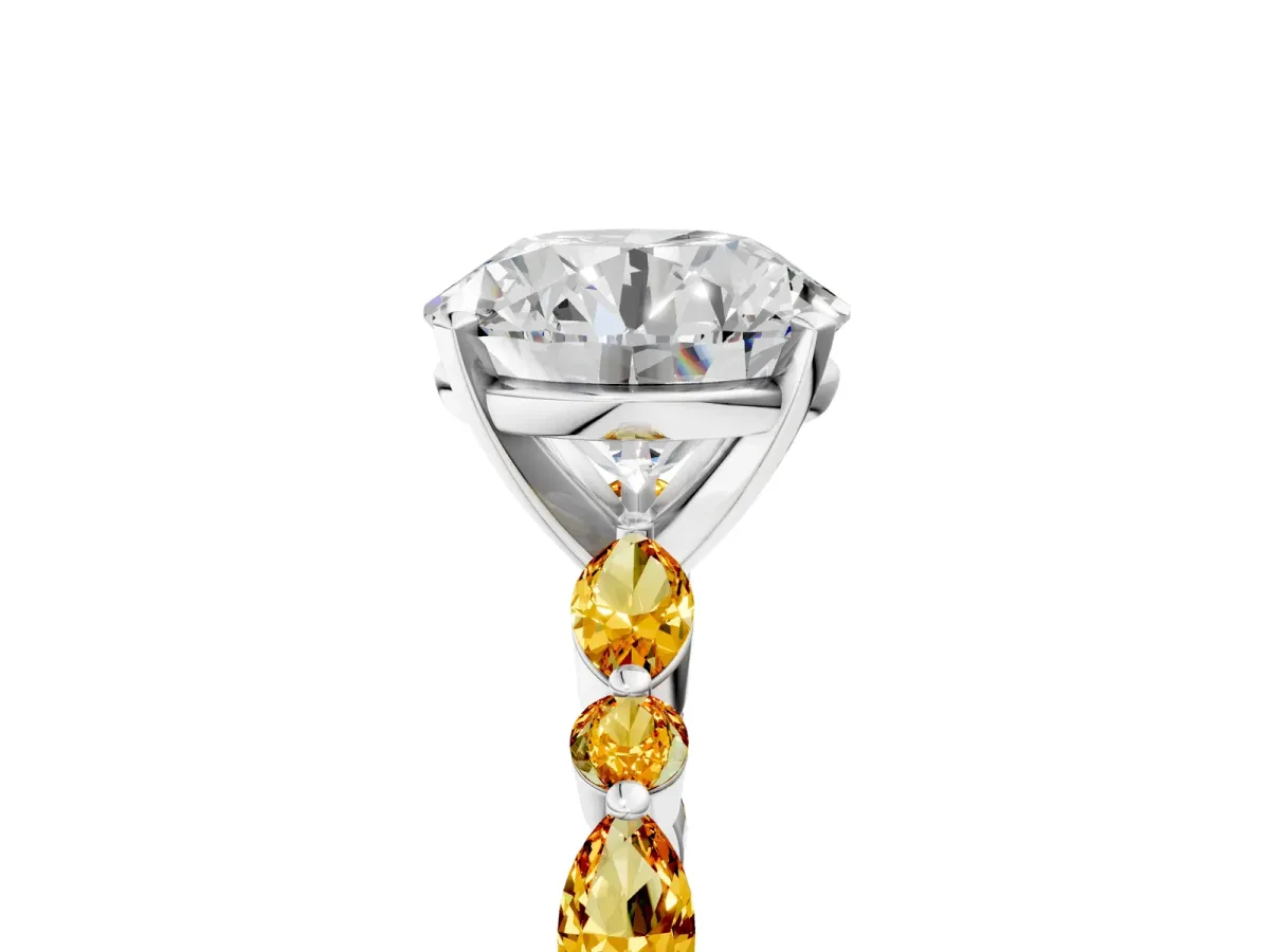 Round Cut Diamond Ring with Marquise and Round Citrine Side Stones and Four-Prong Setting Silver