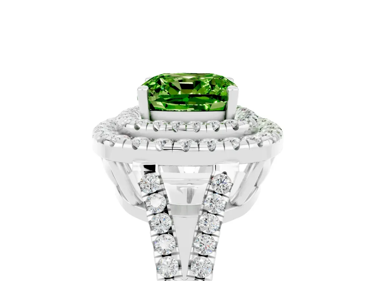 Cushion Cut Peridot Double Halo Ring with Pavé Band and Prong Setting Platinum