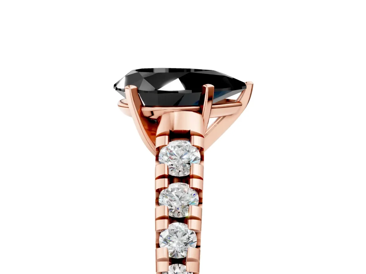Fancy Black Pear Cut Diamond Cathedral Solitaire Ring with Round Pavé Band Rose gold