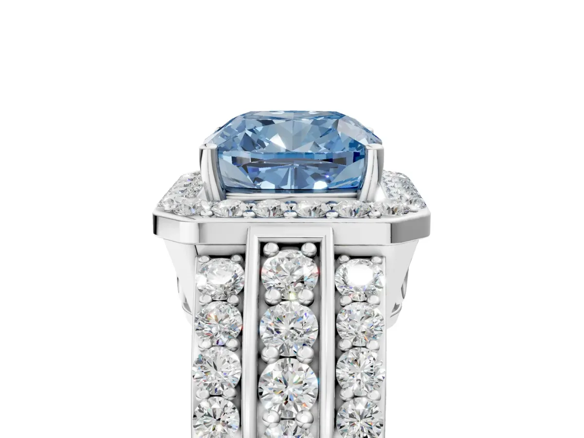 Fancy Blue Cushion Cut Halo Diamond Ring with Round Split Shank and Prong Setting White gold