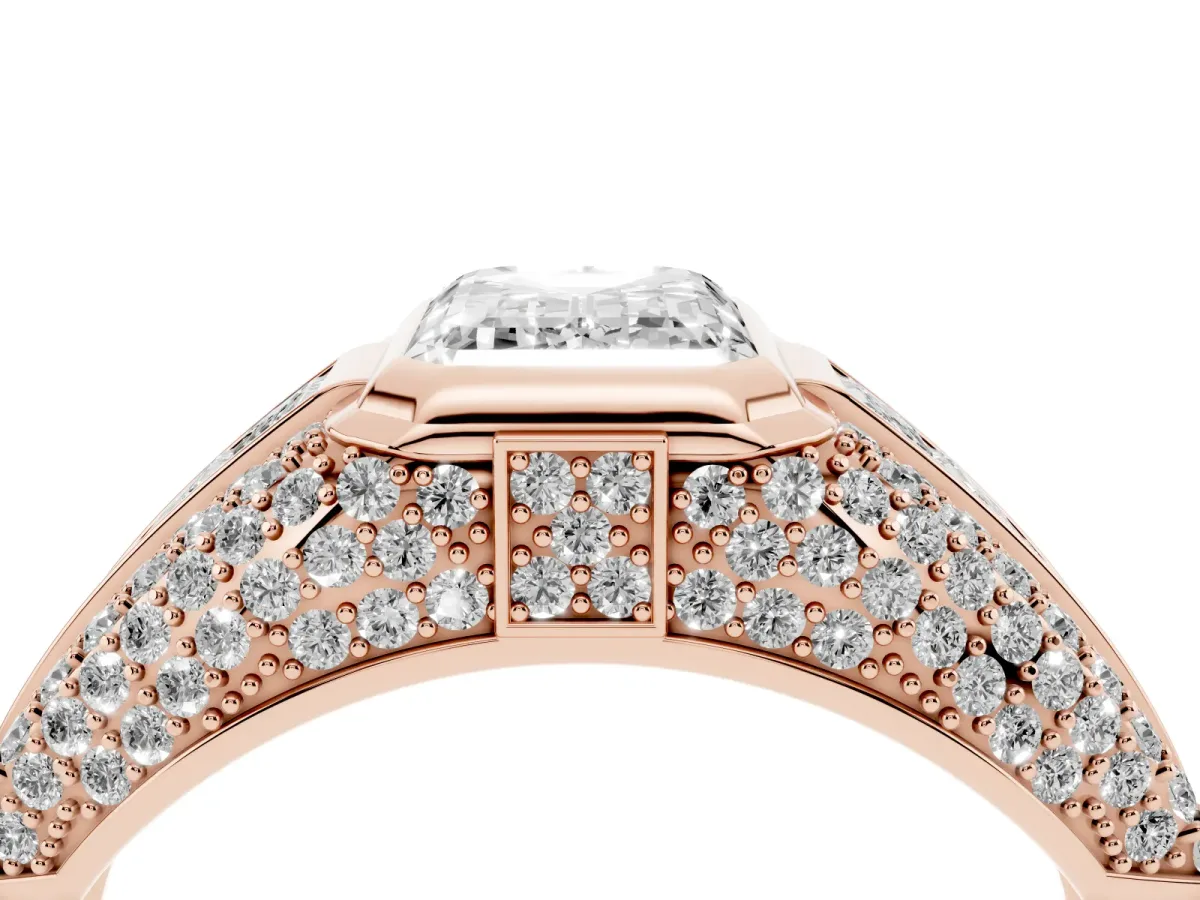 Emerald Cut Diamond Mens Ring with Side Stones Rose gold