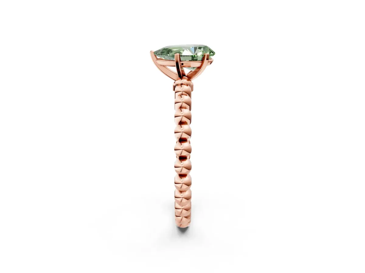 Fancy Green Pear Cut Diamond Solitaire Ring with Beaded Band and Prong Setting Rose gold