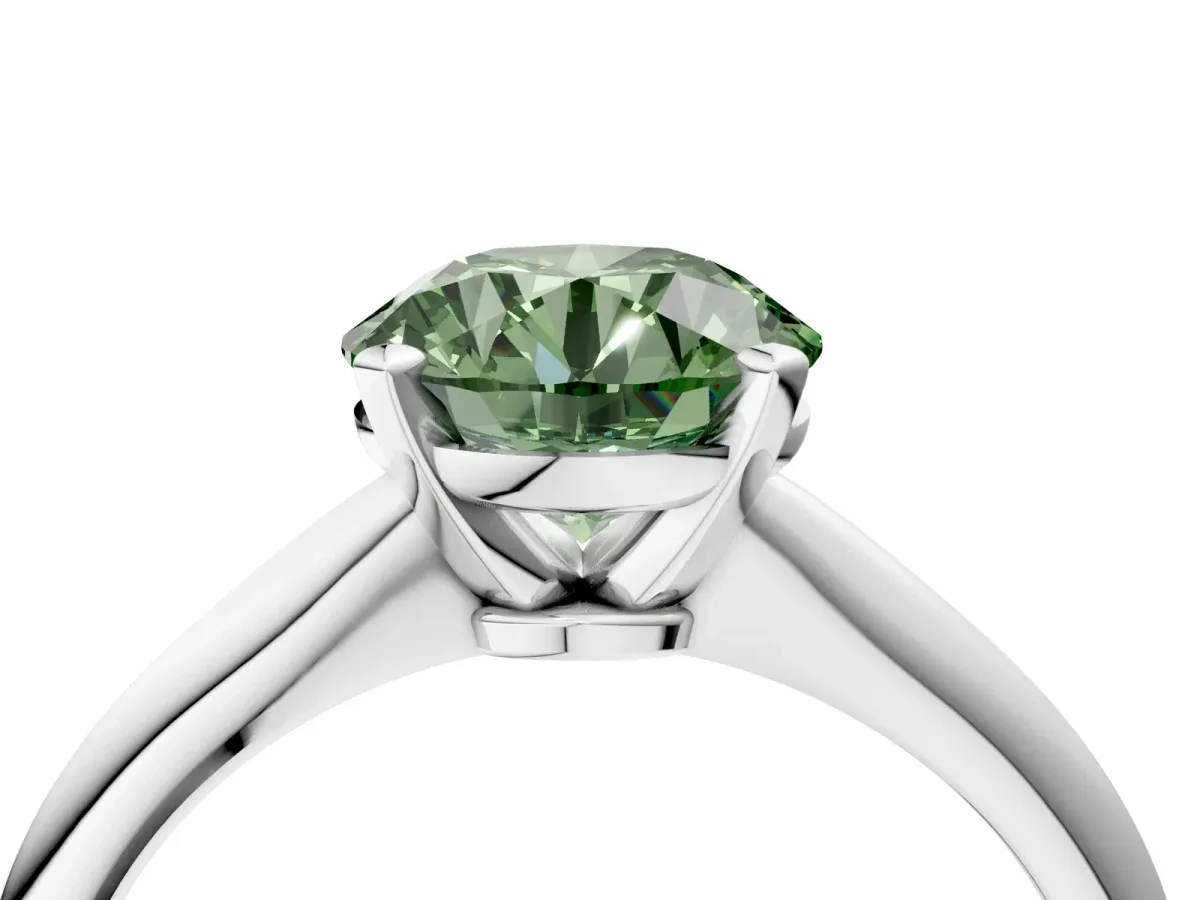 Fancy Green Round Cut Diamond Solitaire Engagement Ring with Classic Band and Four-Prong Setting Silver