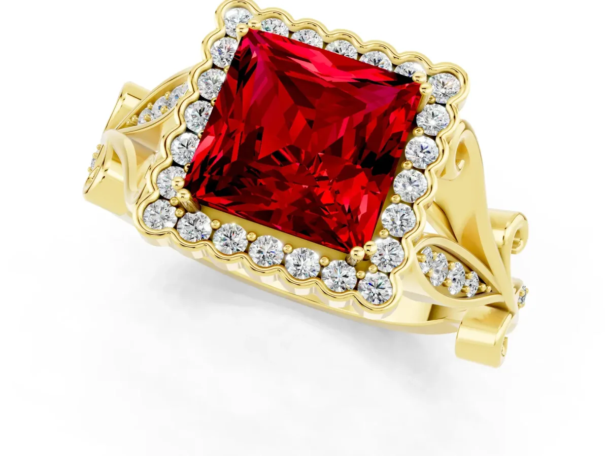 Princess Cut Ruby Halo Ring with Vintage Split Shank and Four-Prong Setting Yellow gold