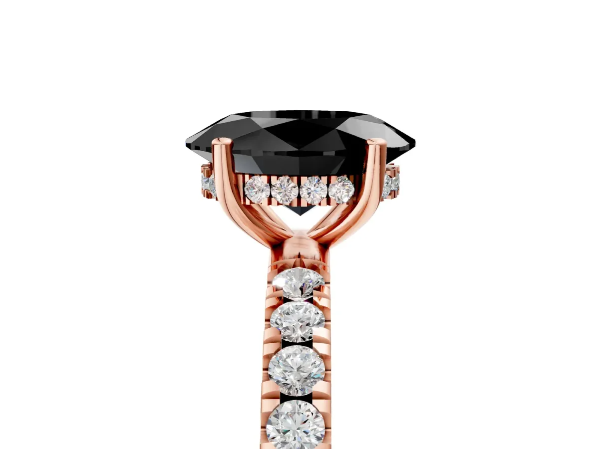 Fancy Black Oval Cut Diamond Pave Band Solitaire Ring with Round and Prong Setting Rose gold