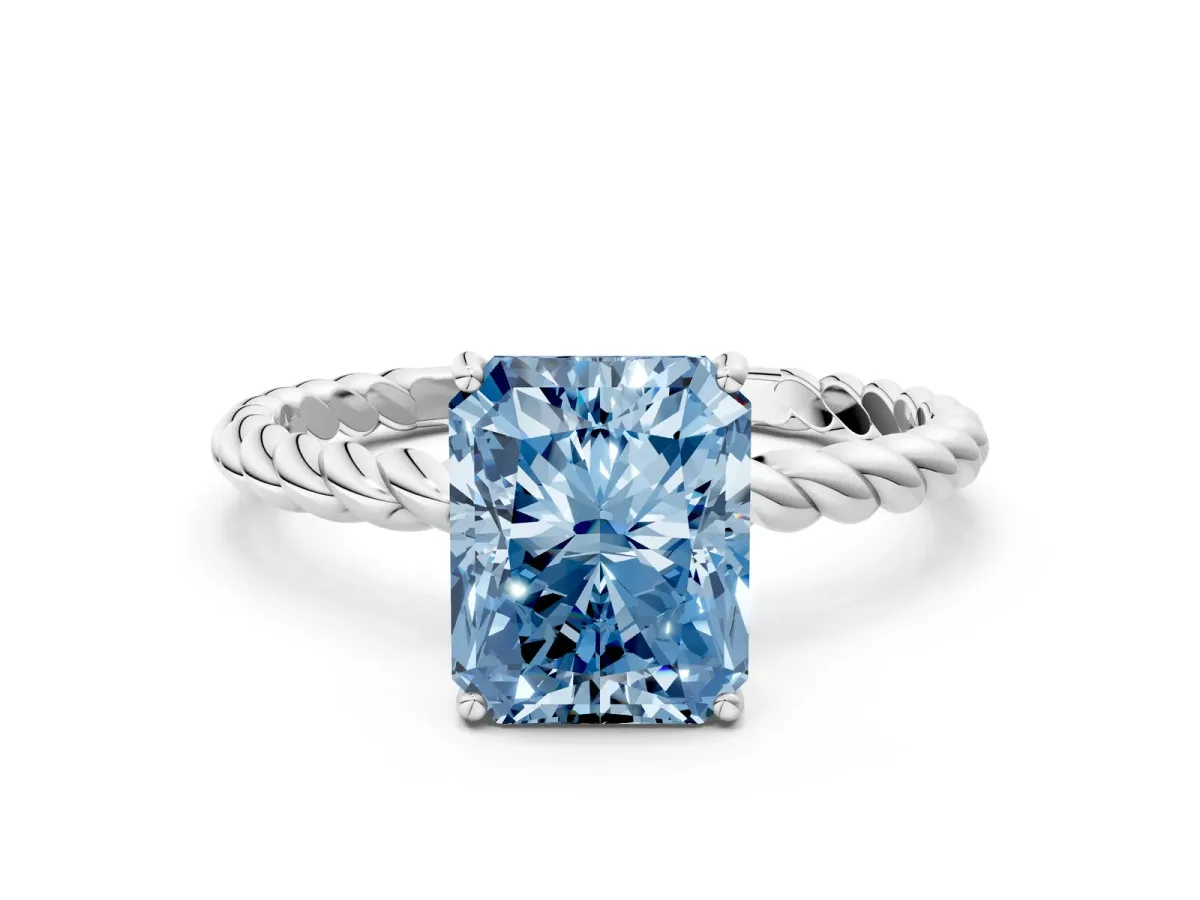 Fancy Blue Radiant Cut Solitaire Twisted Band 4-Prong Ring Platinum