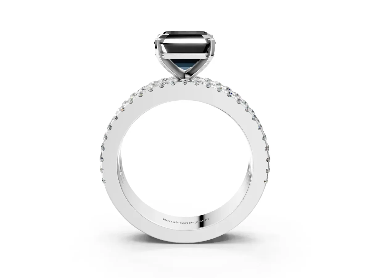 Fancy Black Asscher Cut Diamond Solitaire Ring with Pavé and Channel Set Band Platinum