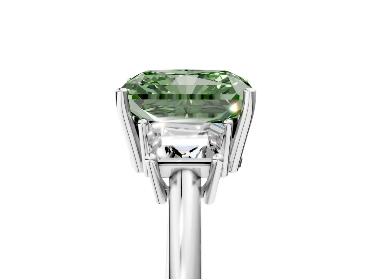 Fancy Green Radiant Cut Diamond Three-Stone Ring with Trapezoid Side Stones and Prong Setting Silver