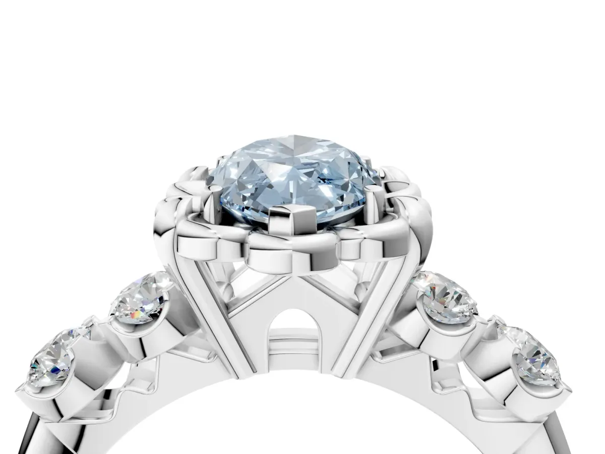 Fancy Blue Marquise Cut Cut Diamond Floral Halo Engagement Ring with Shared Prong Setting Silver