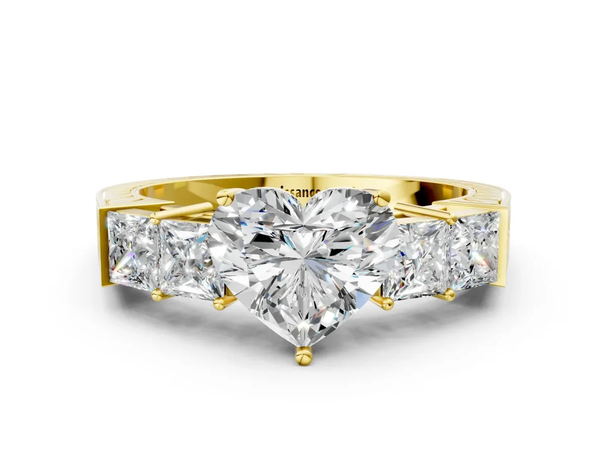 Heart Cut Solitaire Princess Side Stone Engraved Band Prong Setting Ring Yellow gold