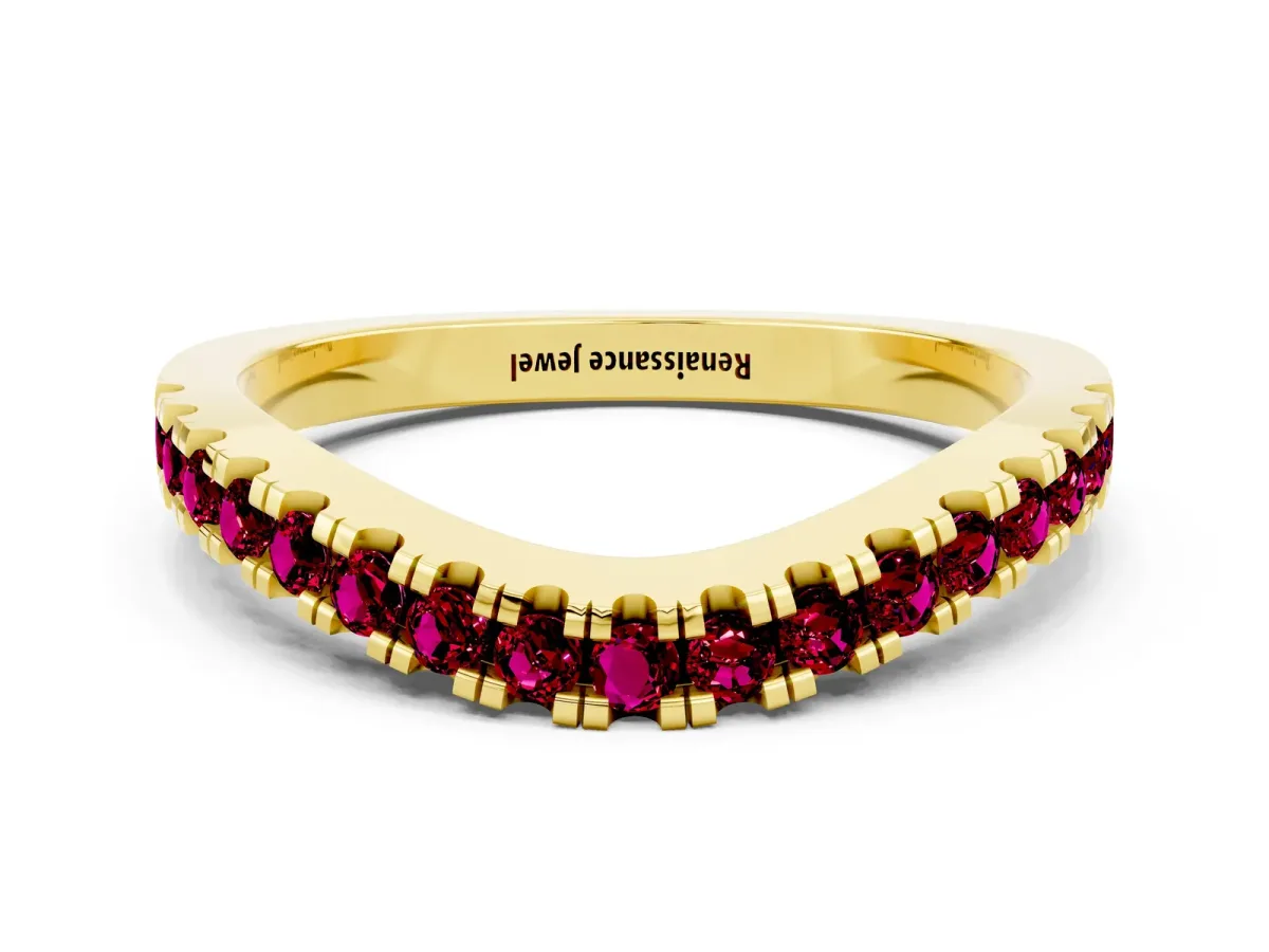 Round Garnet Pavé Curved Band with Shared Prong Setting Yellow gold