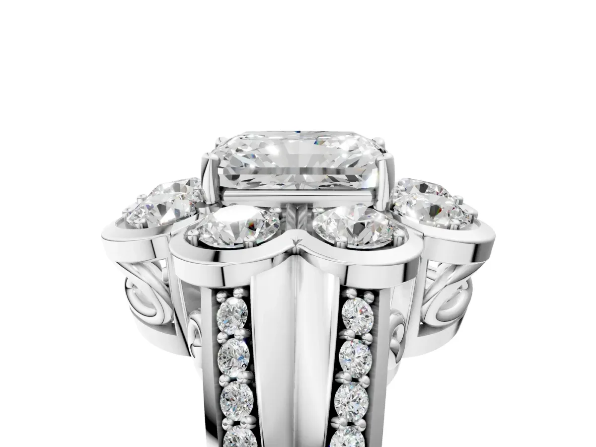 Radiant Cut Brilliant Flower Halo Diamond Split Shank Ring Platinum