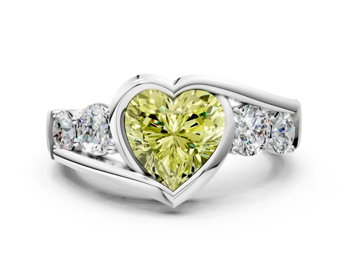 Fancy Yellow Bezel Set Heart Cut Diamond Bypass Ring with Round Accents Silver
