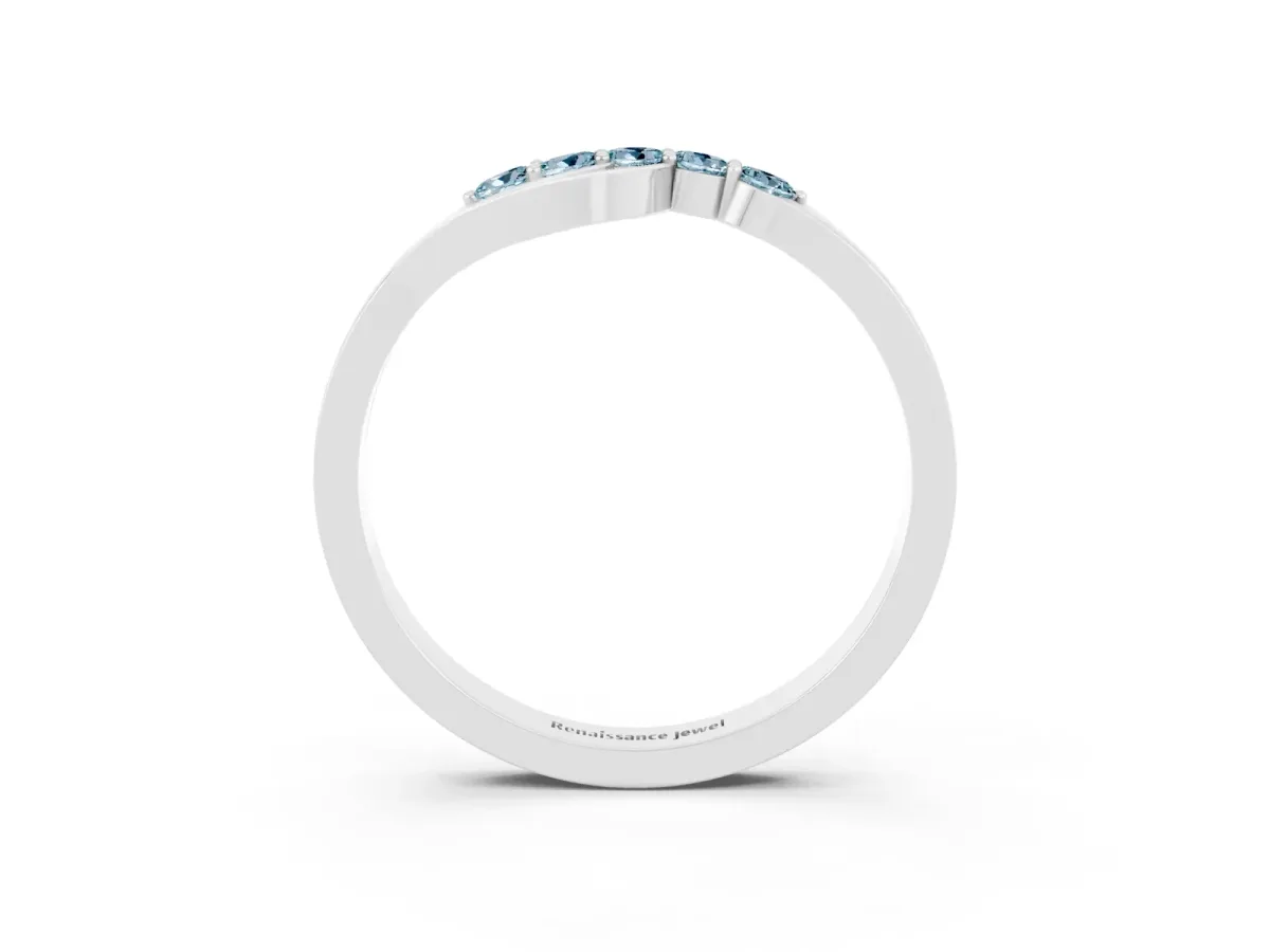 Five-Stone Round Aquamarine Crossover Band with Prong Setting Platinum