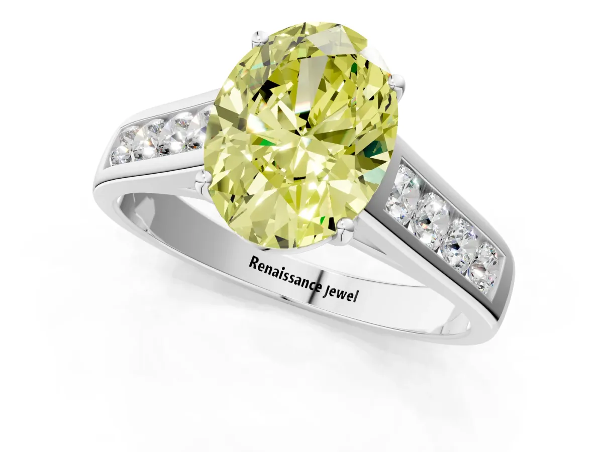 Fancy Yellow Oval Cut Brilliant Channel-Set Solitaire Ring with Four-Prong Setting White gold