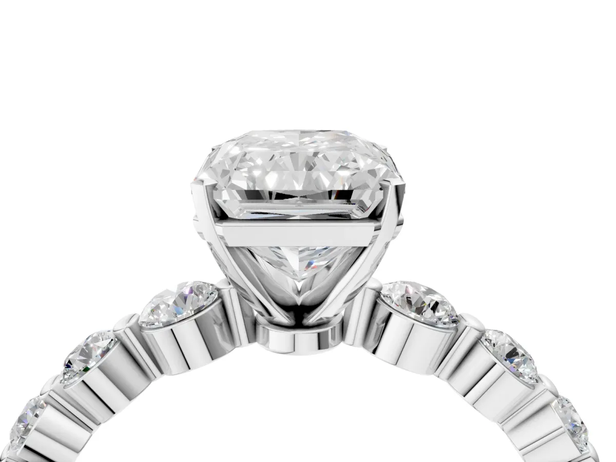 Radiant Cut Solitaire Diamond Ring with Pave Band and Four-Prong Setting Silver