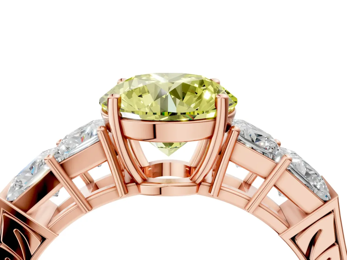 Fancy Yellow Round Cut Solitaire Princess Side Stone Engraved Band Prong Setting Ring Rose gold